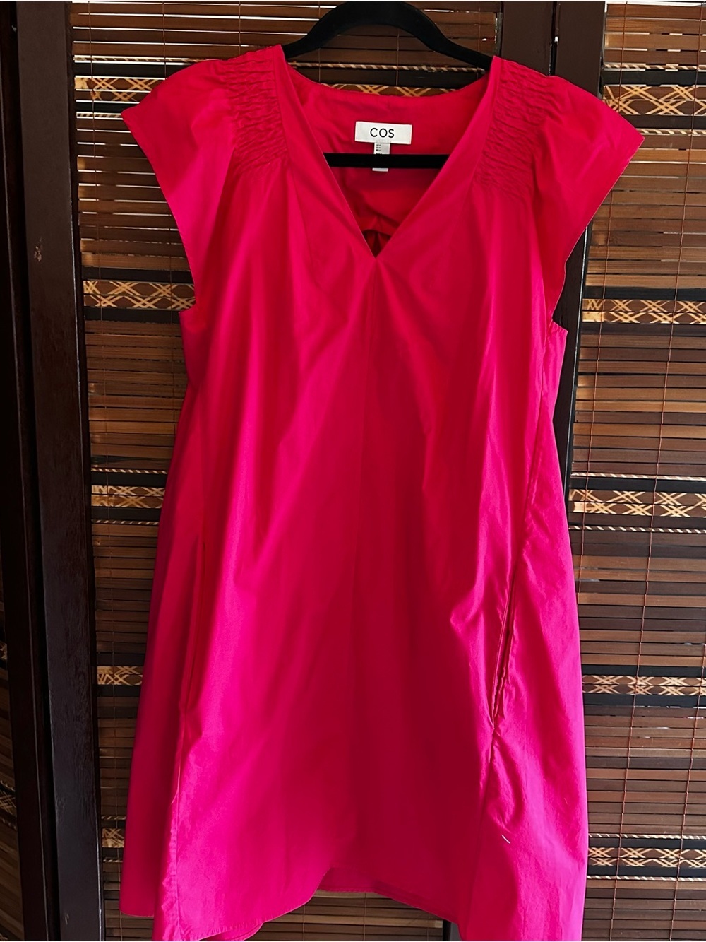 COS Smocked V-neck Flutter Sleeve Fuchsia Pink Cotton Pocket Dress Size 4